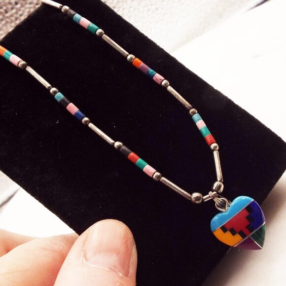NATIVE AMERICAN SANTO DOMINGO COLOR STONE MOSAIC INLAY SM. HEART 925 NECKLACE 58